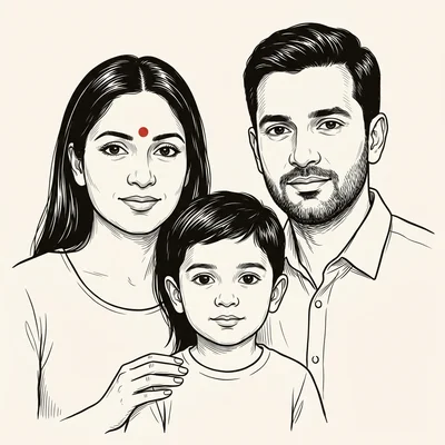 Illustrated portrait of Manthan, Ananya and their daughter